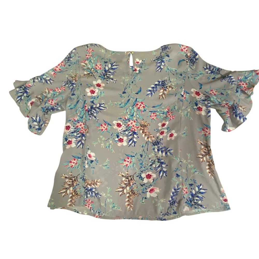 Liz Claiborne Career Womens XL Gray Floral Bell Sleeve Ruffle Blouse Top - Picture 8 of 8